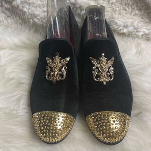 Meijiana Black Velvet Men's Slip-On Red Penny Loafer with gold tone accents SZ12